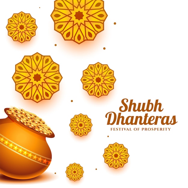 Gratis vector hindoe religieuze shubh dhanteras decoratieve achtergrond met gouden munt pot vector