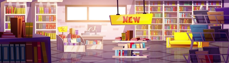 Gratis Vector hintergrond van het interieur van de boekenwinkel cartoon van de boekwinkel