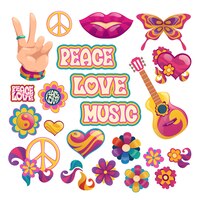 Gratis vector hippie-elementen met letters van vrede, liefde en muziek