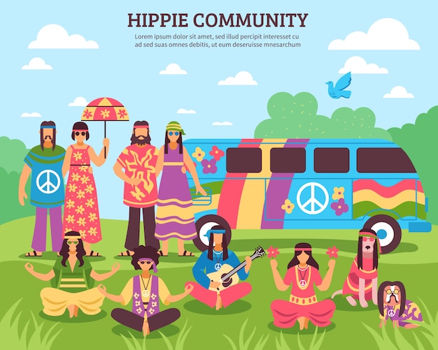 Hippie gemeenschap buiten samenstelling