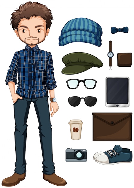 Gratis vector hipster man en verschillende persoonlijke items