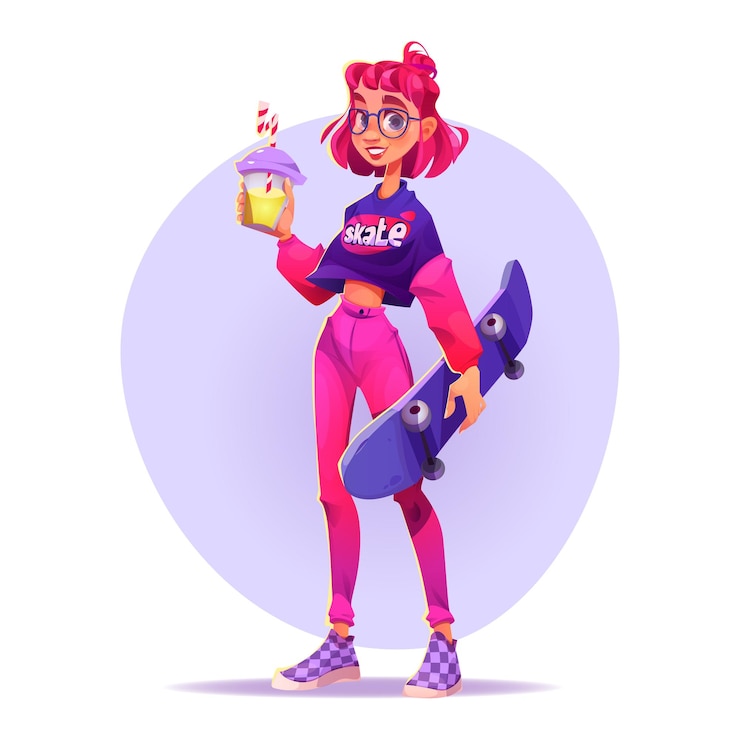 Gratis Vector hipster meisje staan karakter met smoothy en skate cartoon vector set volledige weergave glimlach jonge vrouw met roze kapsel en tiener outfit met bril staande geïsoleerd op witte afbeelding