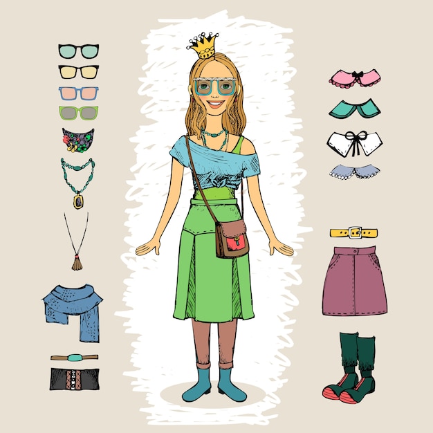 Gratis vector hipster vrouw met kroon en glazen tekenset