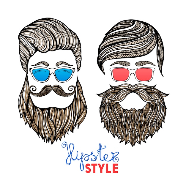 Hipsters hoofden gekleurde glazen doodle pictogrammen