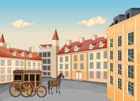 Gratis vector historisch plein van de europese stad met paardenkar