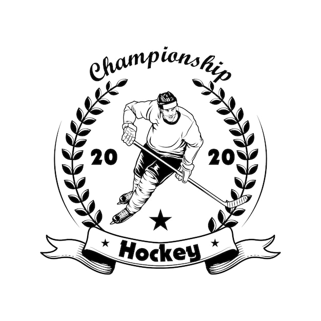 Hockey kampioenschap label vectorillustratie. IJshockeyspeler in helm, uniform en schaatsen, lauwerkrans, kampioenschapstekst. Sport- of fancommunityconcept voor emblemen en labelsjablonen