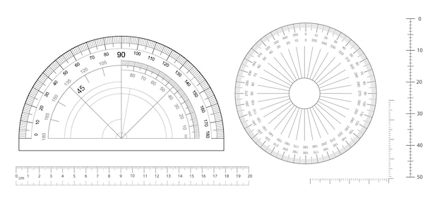 Gratis vector hoeken meetgereedschap set ronde gradenbogen schaal graden meten metrische linialen set apparatuur protra