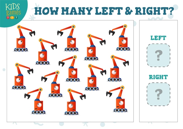 Hoeveel links en rechts cartoon robots kinderen tellen spel vectorillustratie. ontwikkelingsactiviteit voor kleuters met telobjecten