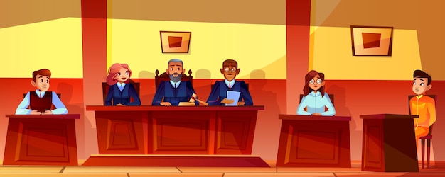 Hof horende illustratie van rechtszaal binnenlandse achtergrond. Rechters, aanklager of advocaat
