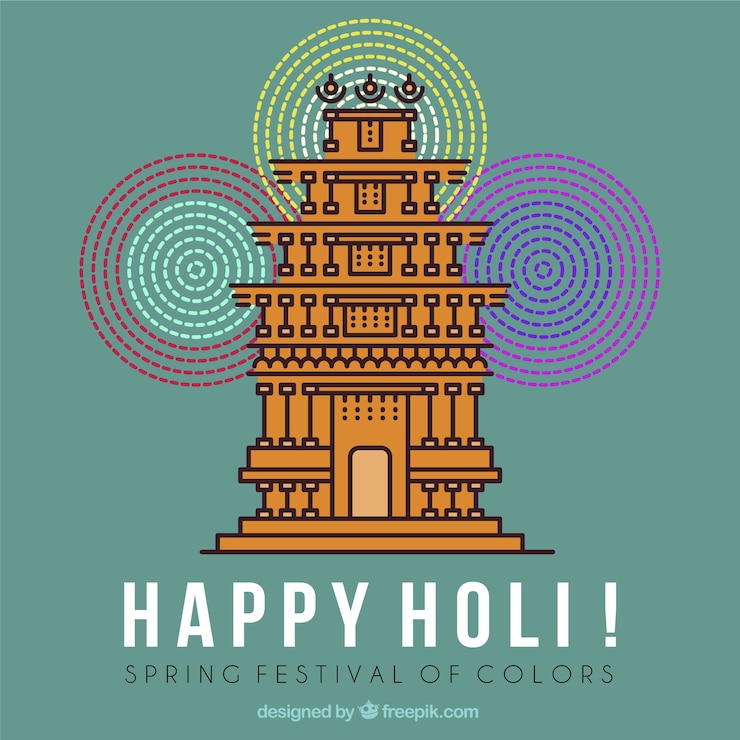 Gratis Vector holi festival achtergrond met platte monument en vuurwerk