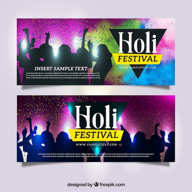 Holi festival banners met silhouetten dansen