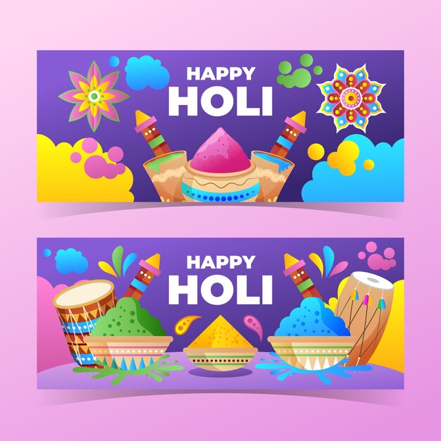 Gratis vector holi horizontale banners met kleurovergang