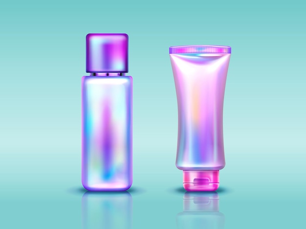 Holografische cosmetica pakket buis en fles met handcrème make-up of huidverzorgingsproducten