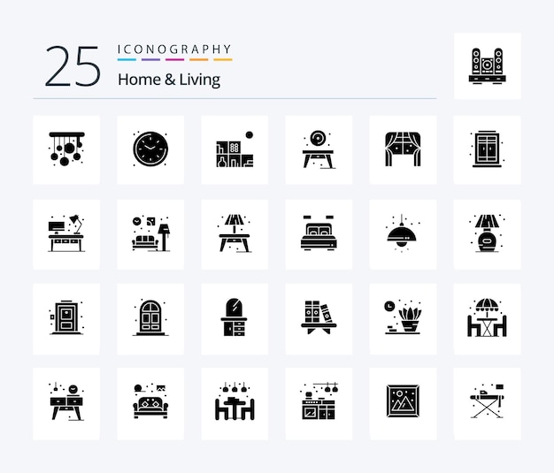 Home And Living 25 Solid Glyph icon pack inclusief raam woonmeubeltafel