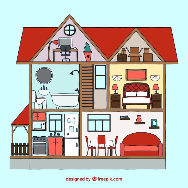 Gratis vector home interieur met de hand getekende meubelen