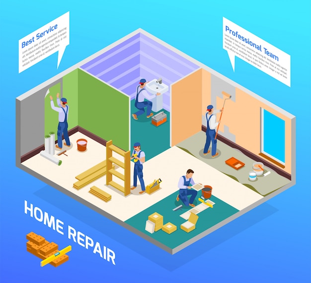 Gratis vector home reparatie vakman isometrische samenstelling met huis remodelleren professionele team vloeren schilderen sanitaire installatie service