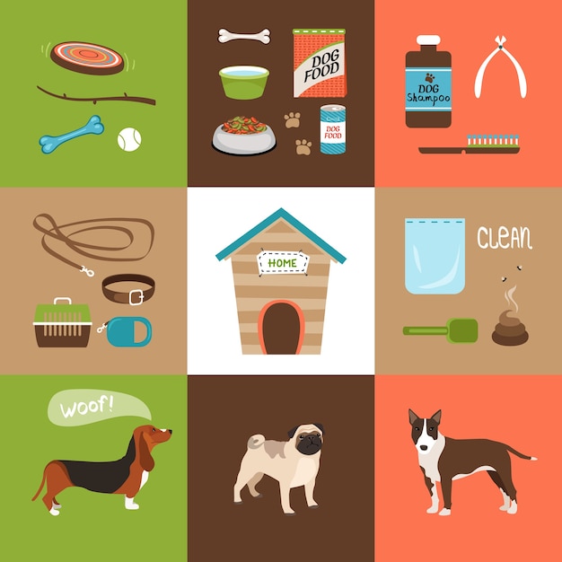 Honden en hondenaccessoires pictogrammen in een vlakke stijl. vector illustratie