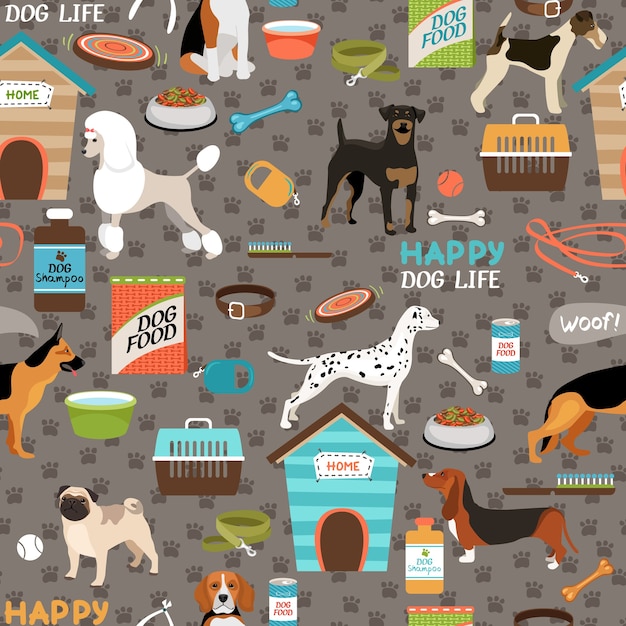 Gratis vector honden naadloze patroon met apparatuur