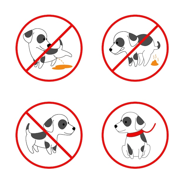 Honden tekenen. geen hond, geen hond poepen, geen hond poepen. set van verboden borden voor dieren. illustratie