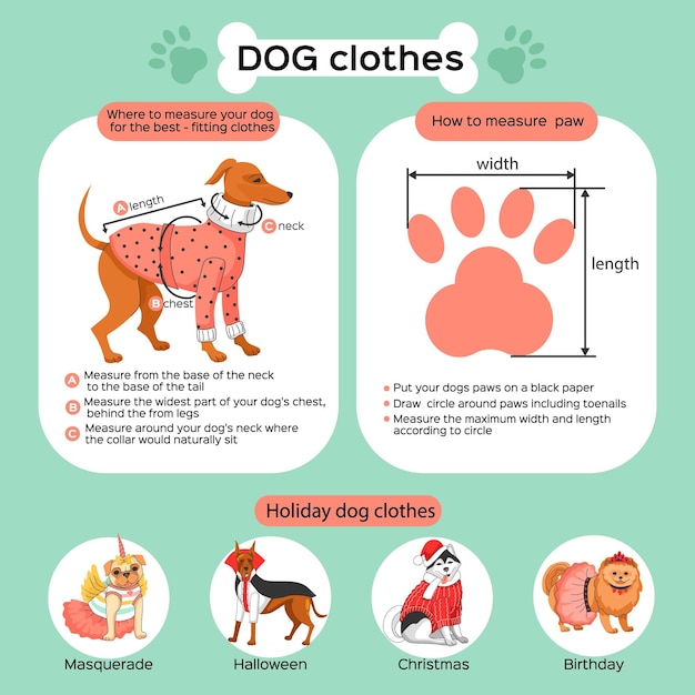 Gratis vector hondenkleren platte infographics die laten zien hoe huisdier- en vakantiekleding cartoon vectorillustratie te meten
