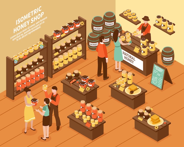 Gratis vector honey farm shop isometrische poster