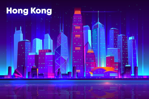 Gratis vector hong kong stad nachtleven cartoon banner, poster sjabloon.