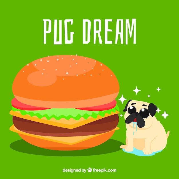 Gratis vector hongerige pug en burger