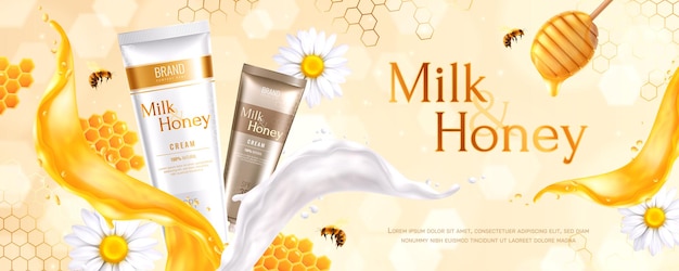 Honing cosmetica reclamebanner met tekst en realistische afbeeldingen van crèmebuizen met kam en bloemen
