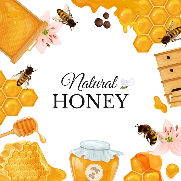 Honingkadersamenstelling met sierlijke tekst omgeven door afbeeldingen van honingraatbijen en bijenkorven met bloemen vectorillustratie