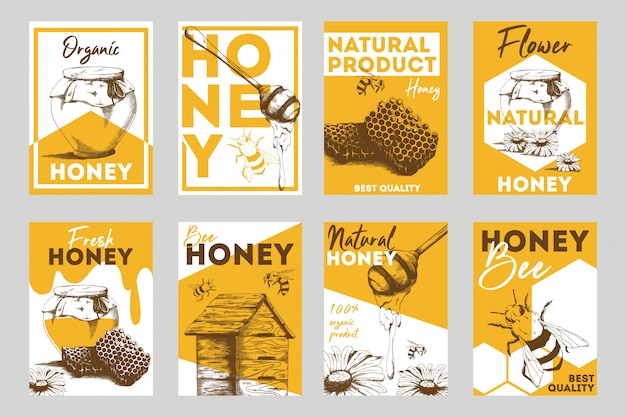 Honingraat en bijen platte flyers set