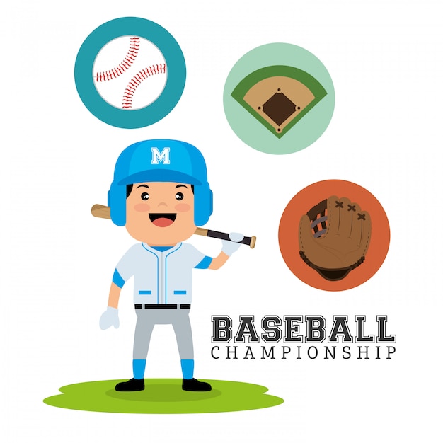 Gratis vector honkbal kampioenschap concept speler vleermuis bal handschoen en veld