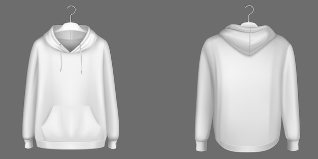 Gratis vector hoody, wit sweatshirt op hanger mock up voor- en achteraanzicht. geïsoleerde hoodie met lange mouwen, kangoeroezak en trekkoorden. sport, casual stadskleding, realistische 3d-sjabloon