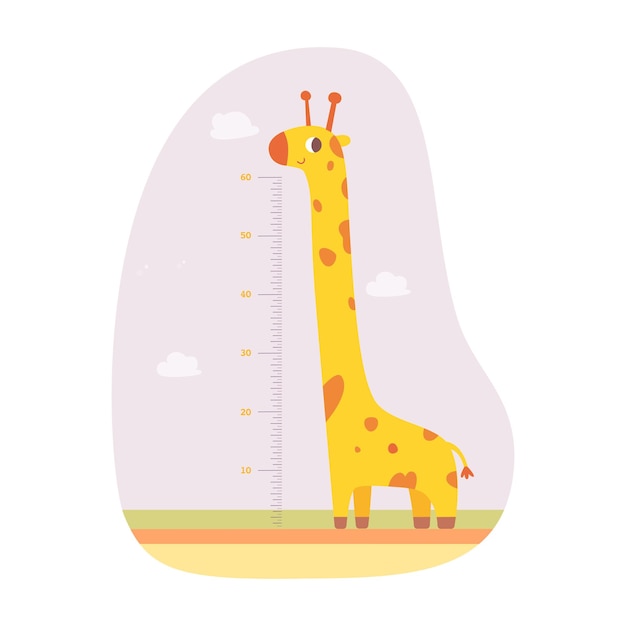 Gratis vector hoogte meetschaal voor kinderen met schattige giraf cartoon groot dier en baby groeimeter met schaal in inches sticker met liniaal en grappig karakter