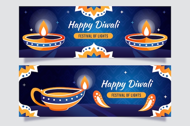 Gratis vector horizontale banners met verloop voor diwali-festival