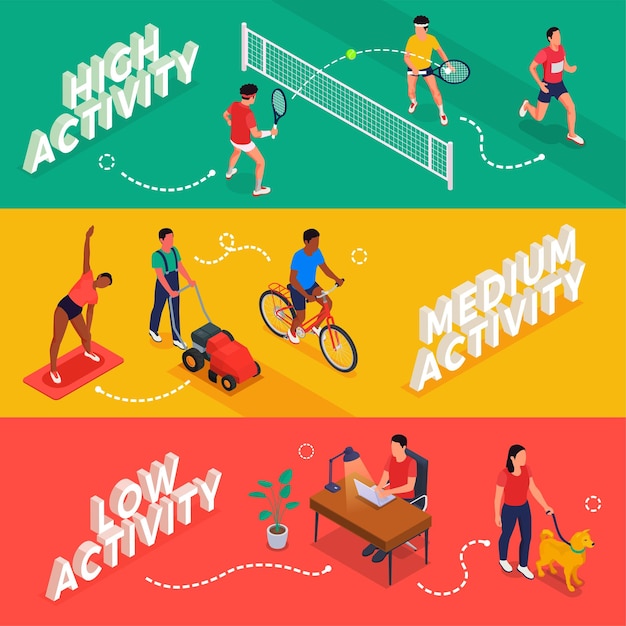 Gratis vector horizontale banners van fysieke activiteitsniveaus instellen geïsoleerde vectorillustratie