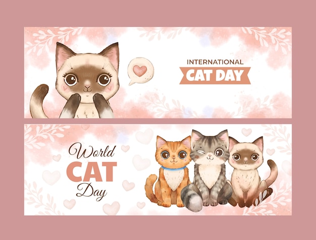 Gratis vector horizontale bannerset voor aquarel internationale kattendag
