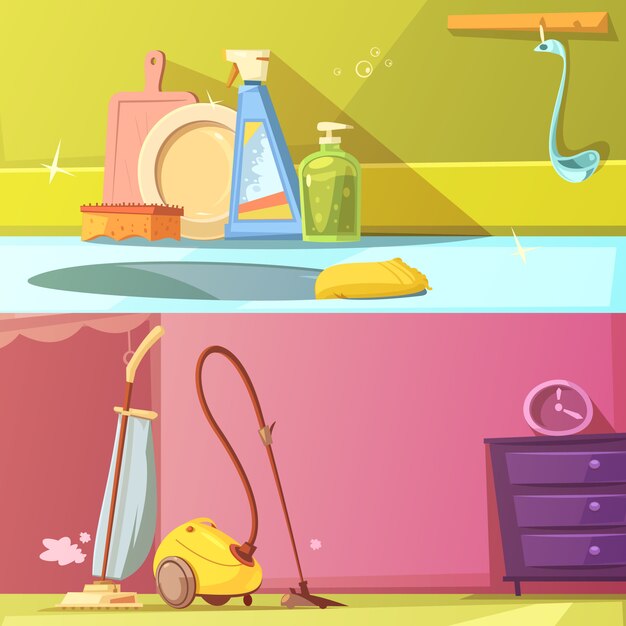 Horizontale cartoon banners set schoonmaken