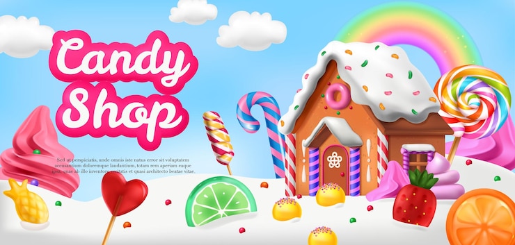 Gratis Vector horizontale cartoon van een snoepwinkel kleurrijke advertentie poster versierd met peperkoek huis en snoep realistische vector illustratie