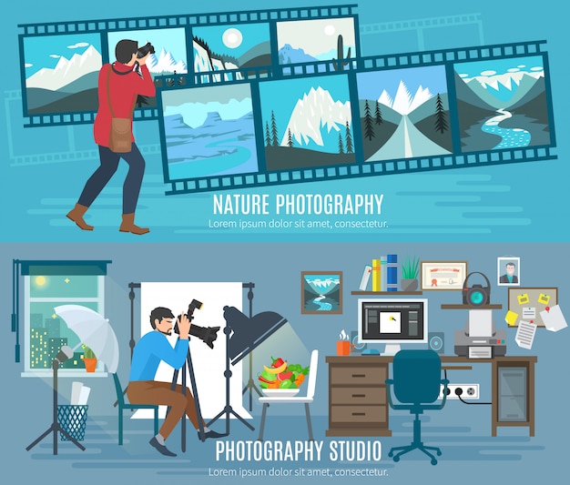 Gratis vector horizontale die banner van de fotograaf met de vlakke elementen van de fotografiestudio wordt geplaatst