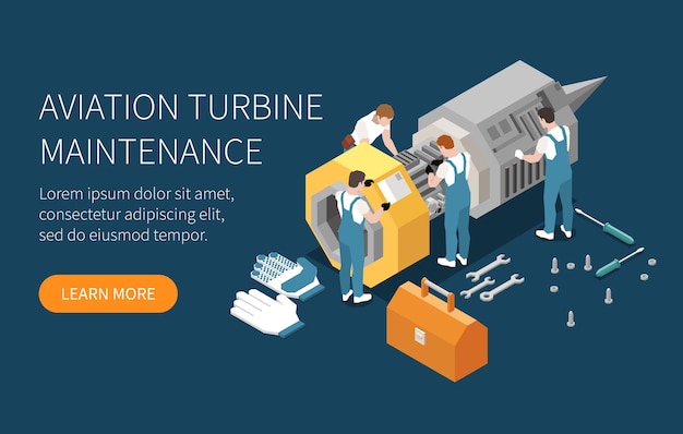 Gratis vector horizontale industriële onderhoudsingenieur technicus isometrische banner met luchtvaart turbine onderhoud kop vectorillustratie