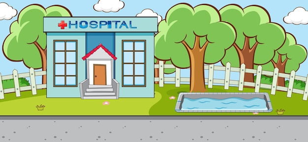 Horizontale scène met buitenscène van ziekenhuisgebouw