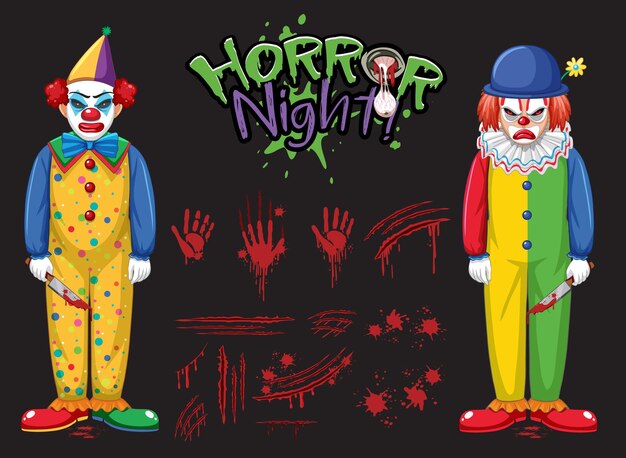 Horror Night-tekstlogo met griezelige clowns