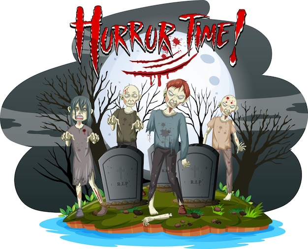 Gratis vector horror time-tekstlogo met griezelige zombies op kerkhof