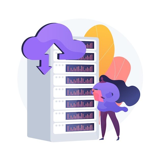 Hostingprocessor. noodgeheugenopslag. domeincluster, noodback-up, bestanden uploaden. technische ruimte-uitrusting. toegankelijk datacenter. vector geïsoleerde concept metafoor illustratie.