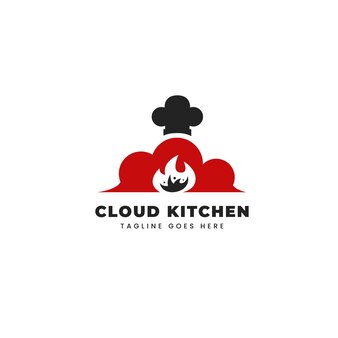 Hot clout keuken logo met wolk, koksmuts en vlam vuur pictogram symbool illustratie