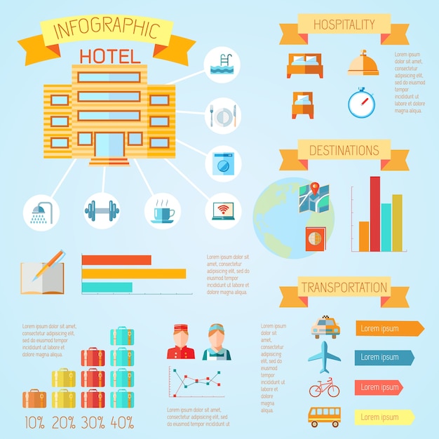 Hotel kleurreizen toerisme vakantie infographics met staafdiagrammen en linten