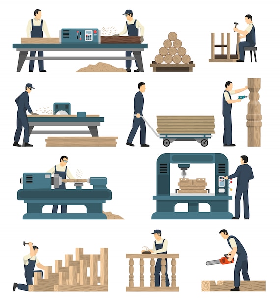 Gratis vector houtbewerking timmerfabriek set