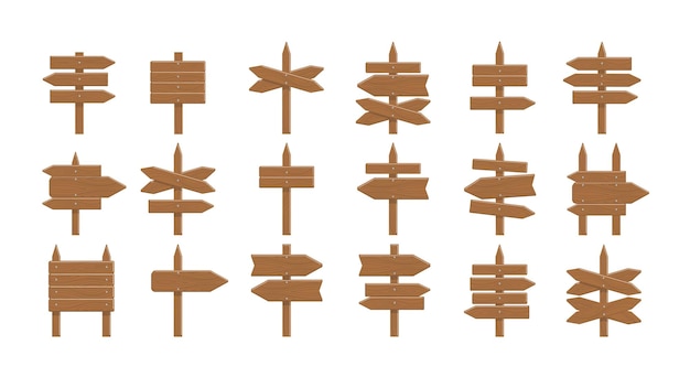 Houten borden op een witte achtergrond Pijlen, planken en planken Concept van het tonen van richting of informatie