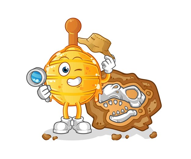 Houten honingdipper archeologen met fossielen mascotte. cartoon vector