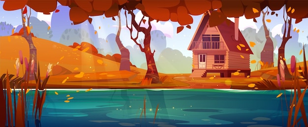 Gratis vector houten huis bij het herfstbosmeer vector cartoon illustratie van een houten huisje met veranda trappen en schoorsteen op het dak gele bomen op de heuvel zon schijnt helder op het water oppervlak wolken in de blauwe hemel